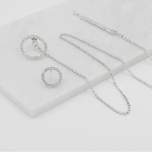 Unique Silver Rhinestone Circle Chain Earring and Hair Barrette Set - Picture 1 of 5